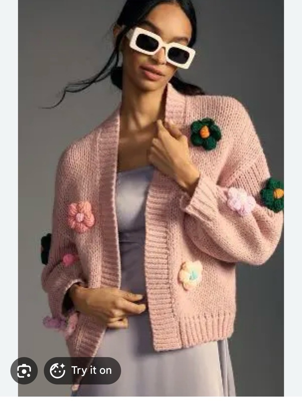 Anthropologie Blush Pink Chunky Knit Cardigan with Floral Appliqués
